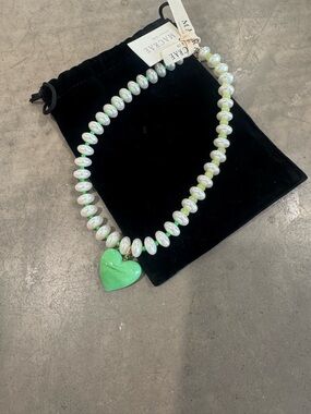 Macrae Pearl Bead Necklace with Green Heart Pendant- adjustable length💚